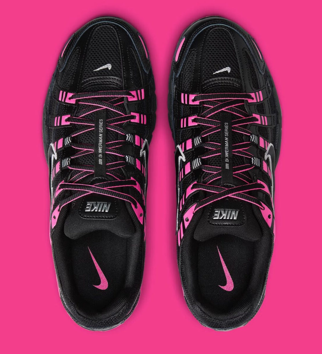 Nike P-6000 Pink Blast Metallic Silver Black rose vif avec empiècements Metallic Silver et noirs, mesh respirant et renforts en cuir vue du dessus. 