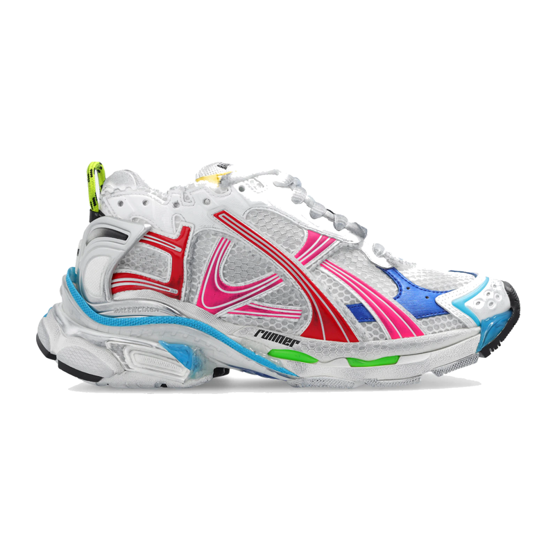 Balenciaga Runner Worn-Out White Multi-Color d’occasion, mesh et cuir premium, coloris blanc multicolore avec effet vieilli signature, sneaker de luxe en bon état général.