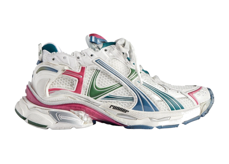 Balenciaga Runner White Dark Green avec tige en mesh respirant, empiècements en cuir blanc et vert foncé, semelle intermédiaire en mousse et silhouette inspirée du running vintage.