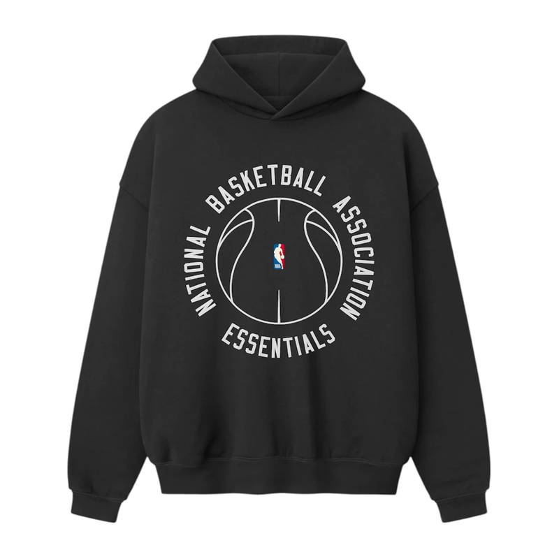 Fear of God Essentials NBA x Barkley Hendricks 90s Hoodie Faded Black, hoodie noir délavé issu de la collaboration Fear of God Essentials x NBA x Barkley Hendricks avec coupe ample et finitions premium.