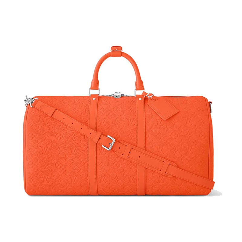 Louis Vuitton Keepall Bandoulière 50 Taurillon Colormania Orange, sac de voyage Louis Vuitton orange en cuir Taurillon avec doubles poignées et bandoulière.