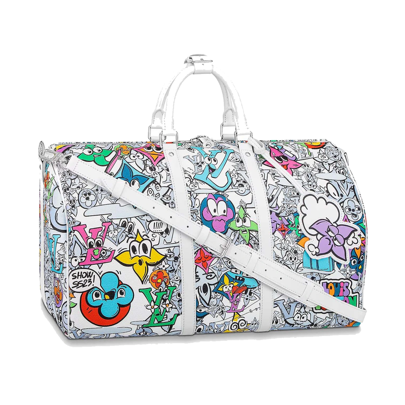 Louis Vuitton Keepall Bandoulière 50 Multicolor en toile Monogram multicolore avec garnitures en cuir naturel, poignées roulées, bandoulière amovible, fermeture zippée à double curseur et finitions métalliques.