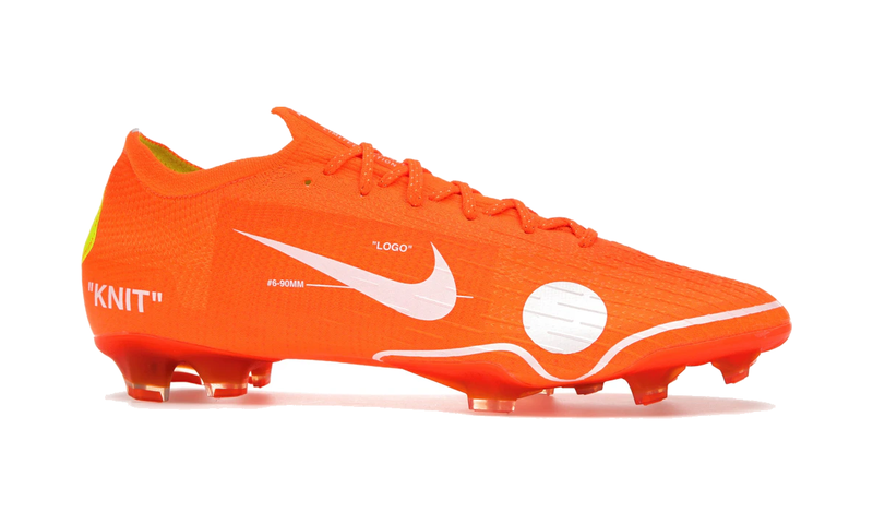 Nike Mercurial Vapor 360 Off-White avec tige en Flyknit 360, détails graphiques emblématiques d'Off-White, plaque Vapor 360 et semelle FG pour terrains en gazon naturel.