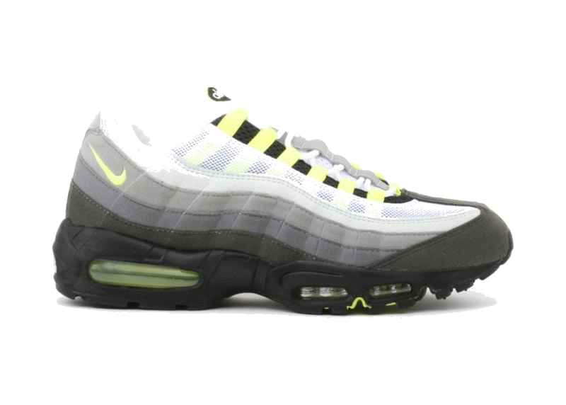 Nike Air Max 95 History of Air grise avec dégradé Neutral Grey et Dark Charcoal, touches Neon Yellow et unités Nike Air visibles.