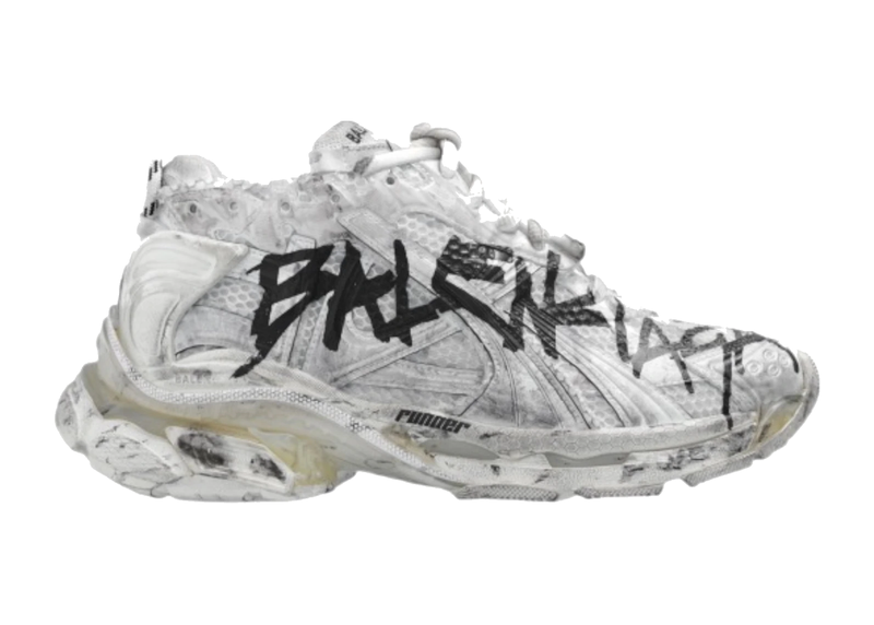 Découvrez la Balenciaga Runner Graffiti White Black, une sneaker premium inspirée du running vintage, avec des détails graphiques effet graffiti et un design déstructuré emblématique.