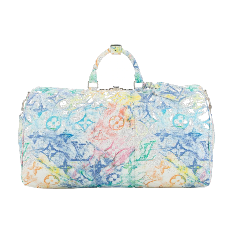 Louis Vuitton Keepall Bandoulière 50 Pastel Multicolor en toile Monogram pastel multicolore avec garnitures en cuir naturel, poignées roulées, bandoulière amovible, fermeture zippée et finitions métalliques.