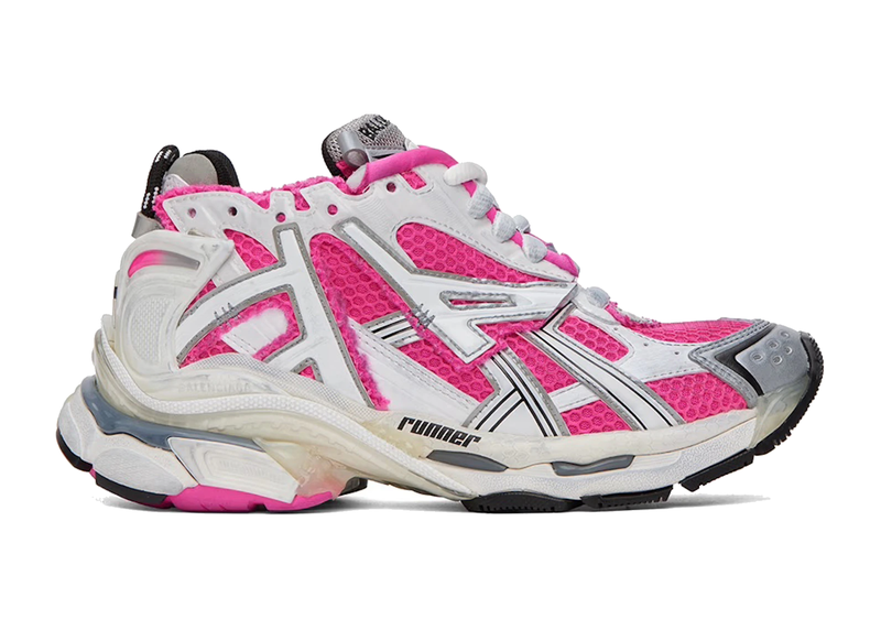 Découvrez la Balenciaga Runner White Fluo Pink, une sneaker premium inspirée du running vintage, avec un design déstructuré et un contraste élégant entre blanc et rose fluorescent.