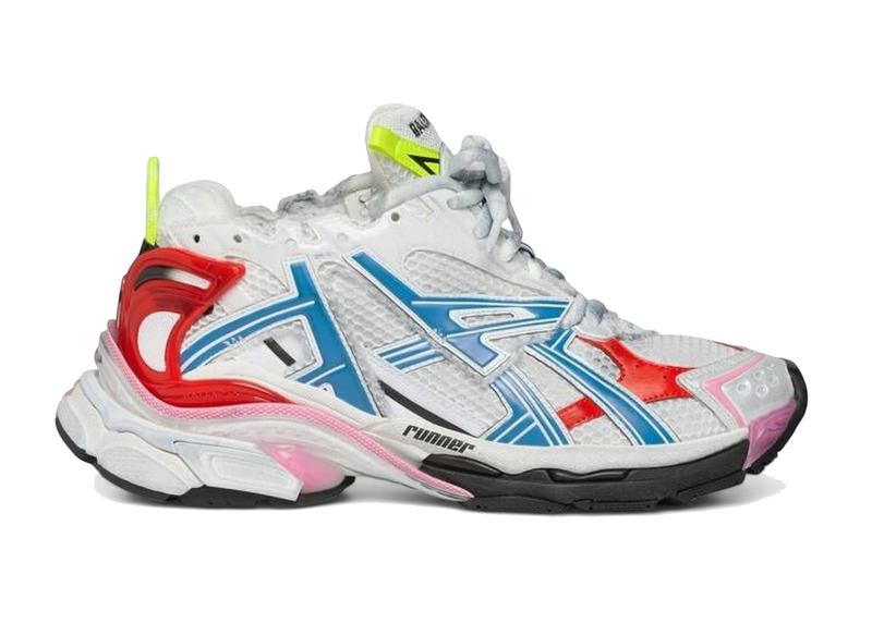 Balenciaga Runner White Red Blue Pink avec tige en mesh respirant, empiècements en cuir blanc, rouge, bleu et rose, semelle intermédiaire en mousse et silhouette running vintage.