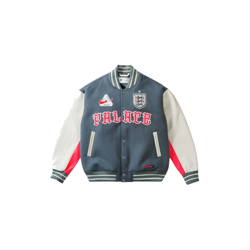 Palace x Nike England Varsity Jacket Cool Grey/White/Bright Crimson