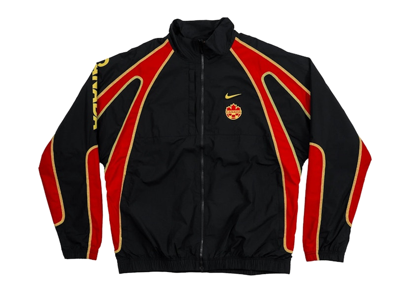 Nike x NOCTA Canada X2 World Cup 2026 Soccer O-Can Northstar Nylon Track Jacket Black, veste noire en nylon avec détails rouges, jaunes et logos NOCTA Canada.