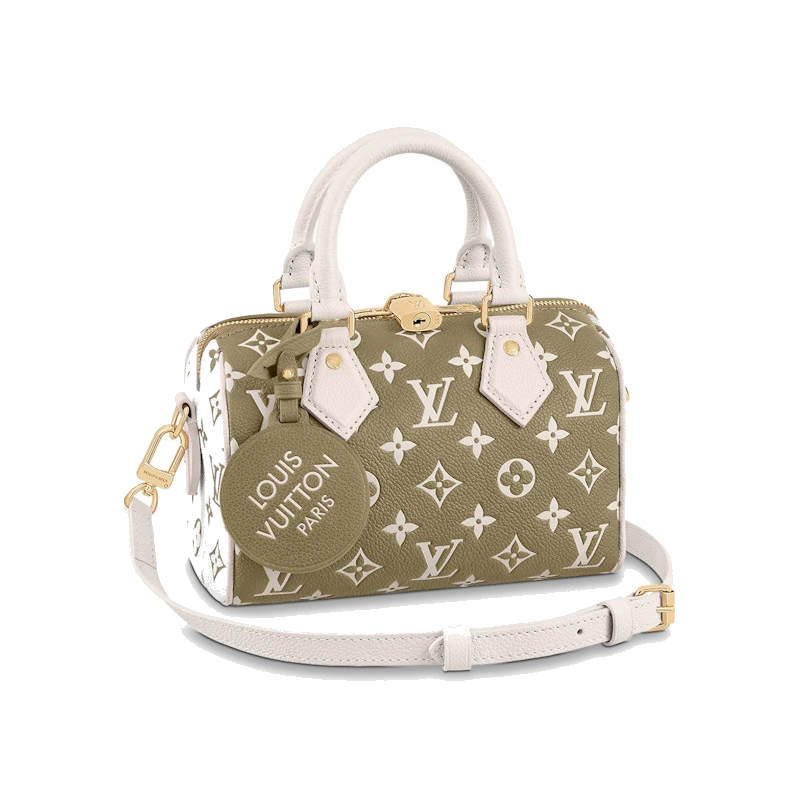 Louis Vuitton Speedy Bandoulière 20 Khaki Green Beige Cream, sac Louis Vuitton compact vert kaki, beige et crème avec poignées Toron et bandoulière ajustable.