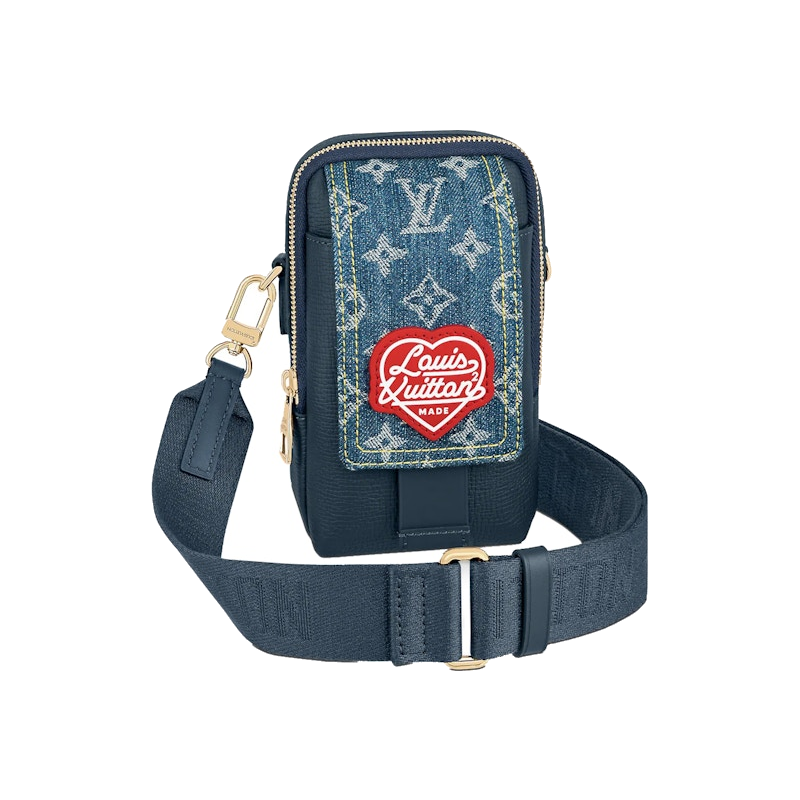 Louis Vuitton x Nigo Flap Double Phone Pouch Monogram Blue, pochette téléphone Louis Vuitton bleue à double compartiment avec motif Monogram, issue de la collaboration Nigo.