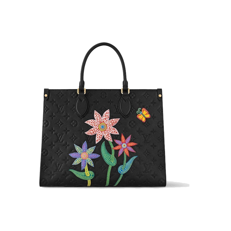 Louis Vuitton LV x YK Onthego MM Black Flower Marquetry, sac cabas Louis Vuitton noir au format MM avec fleurs multicolores en marqueterie signées Yayoi Kusama.