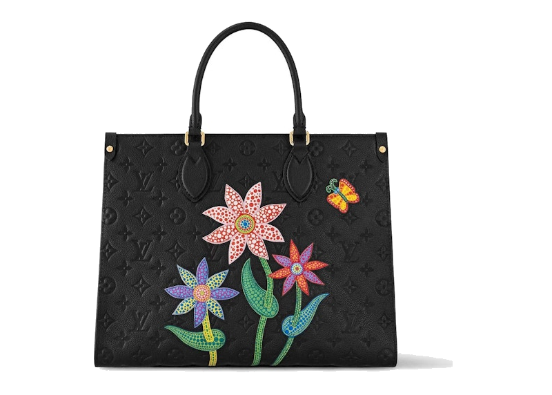Louis Vuitton LV x YK Onthego MM Black Flower Marquetry, sac cabas Louis Vuitton noir au format MM avec fleurs multicolores en marqueterie signées Yayoi Kusama.