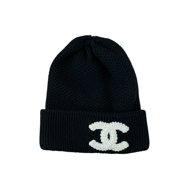 Chanel White CC Logo Beanie Black/White