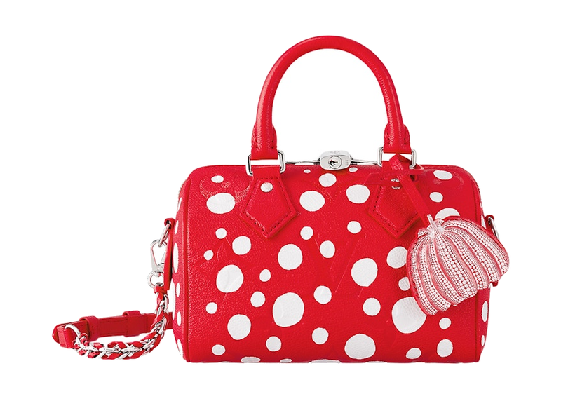Louis Vuitton x Yayoi Kusama Speedy Bandoulière 20 Red/White, sac Louis Vuitton compact rouge et blanc avec motifs à pois, poignées Toron et bandoulière.
