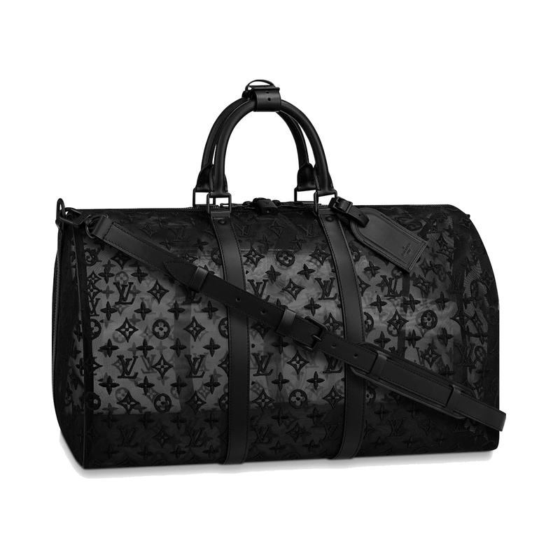Louis Vuitton Keepall Bandoulière Monogram Mesh 50 Black en mesh technique Monogram noir avec garnitures en cuir, poignées roulées, bandoulière amovible, fermeture zippée et finitions métalliques.