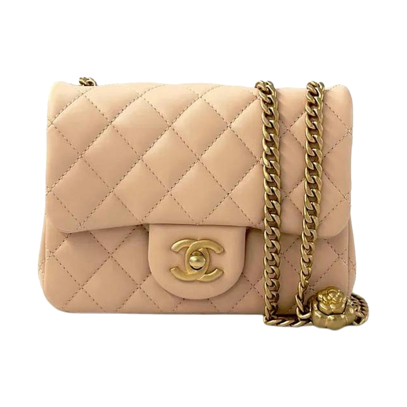 Chanel Flap Bag with Camellia Chain 17cm Beige