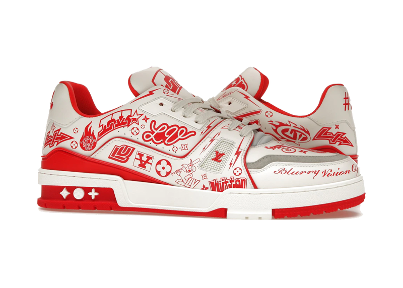 Louis Vuitton LV Trainer Graffiti White Red avec tige blanche, détails rouges, motifs graffiti, construction multicouche et semelle extérieure en caoutchouc.