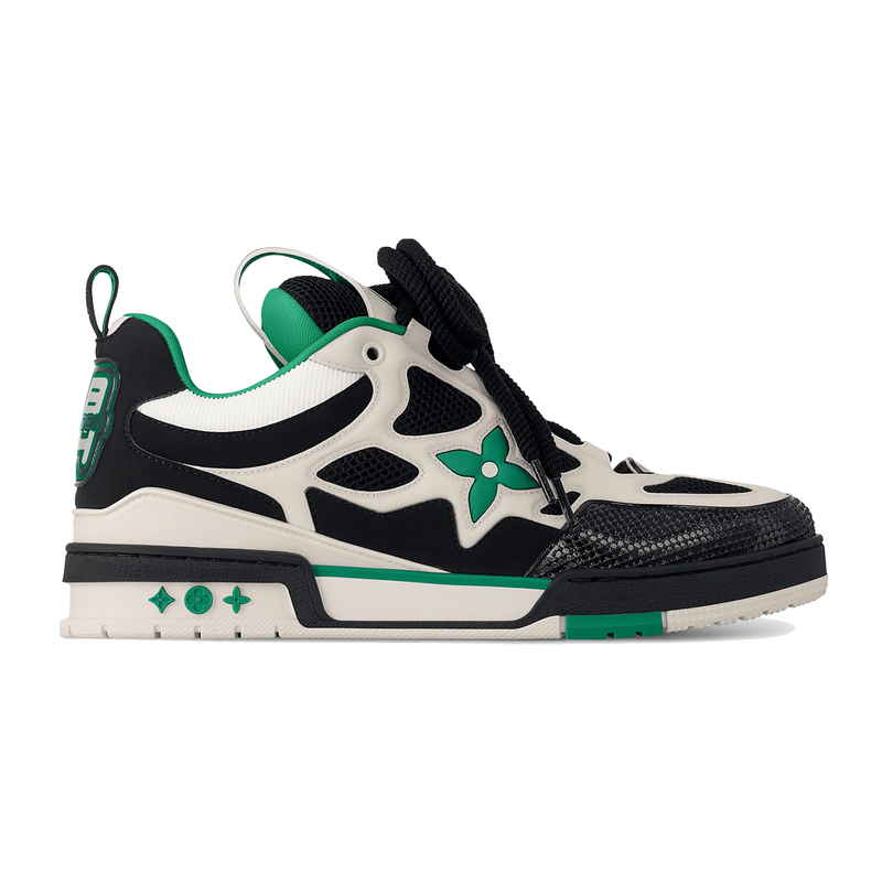 Louis Vuitton LV Skate Sneaker Green Black Cream, sneaker de luxe Louis Vuitton verte, noire et crème inspirée du skate avec matériaux premium et finitions haut de gamme.