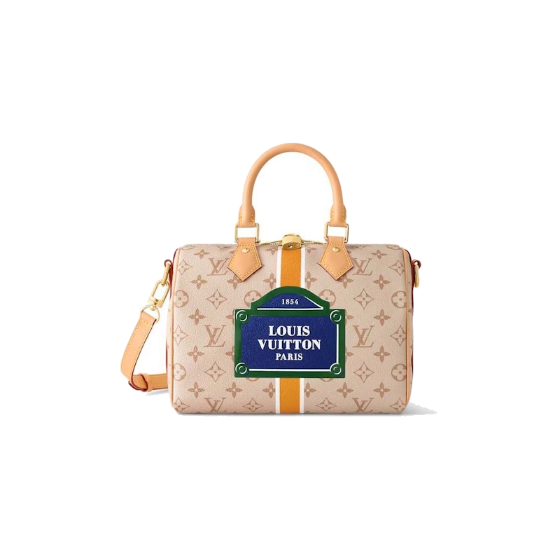 Ocher, sac Louis Vuitton beige et ocre au format 25 avec doubles poignées Toron et bandoulière ajustable.