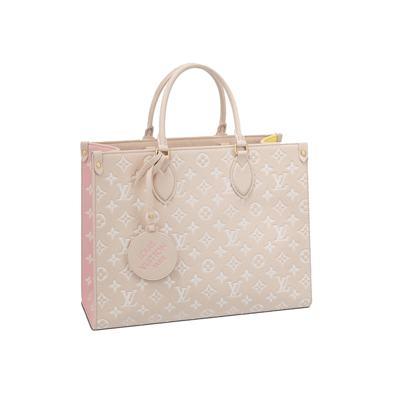 Louis Vuitton Onthego MM Rose Beige, sac cabas Louis Vuitton rose et beige au format MM avec motif Monogram et doubles poignées.