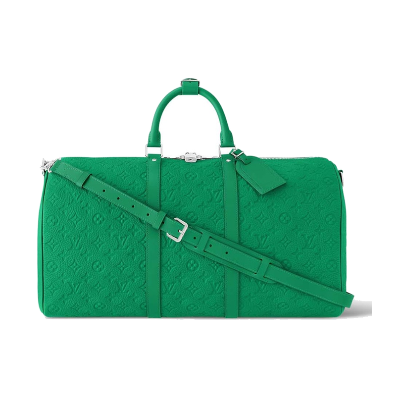 Louis Vuitton Keepall Bandoulière 50 Taurillon Colormania Green, sac de voyage Louis Vuitton vert en cuir Taurillon grainé avec poignées Toron et bandoulière ajustable.