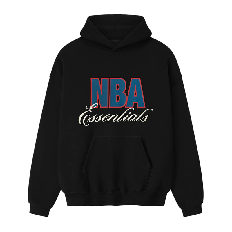 Fear of God Essentials NBA 90s Hoodie Black, hoodie noir issu de la collaboration Fear of God Essentials x NBA au design minimaliste inspiré des années 90.