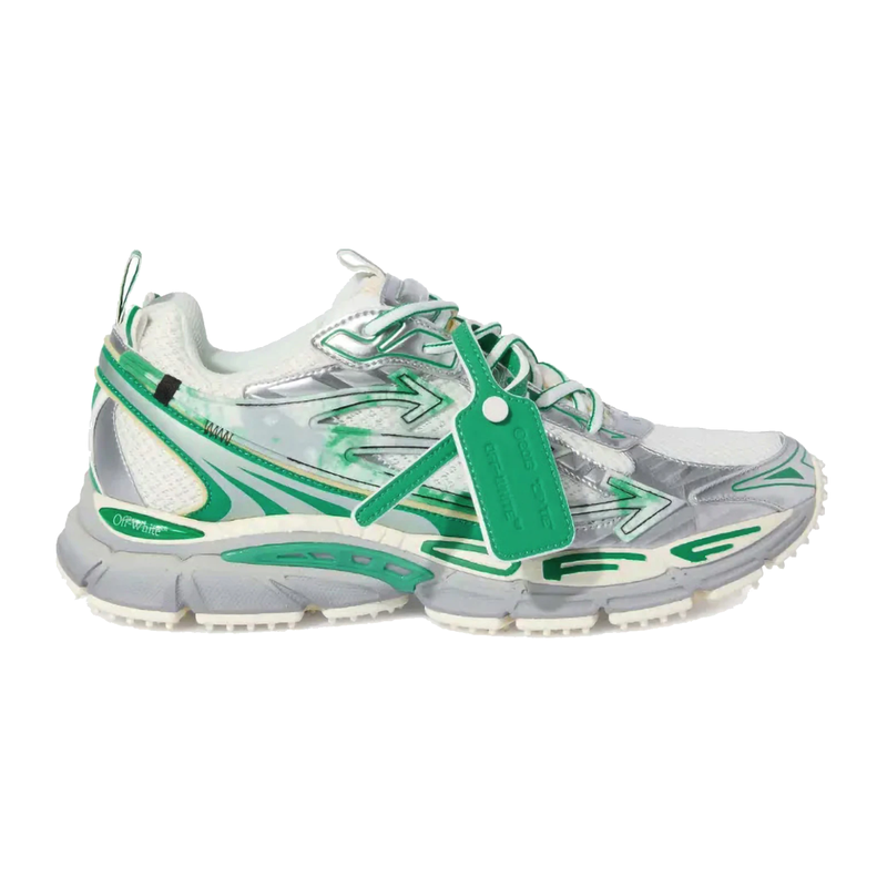 OFF-WHITE Be Right Back Silver Turquoise avec tige en mesh respirant, empiècements synthétiques argentés et turquoise, silhouette running moderne et semelle épaisse en caoutchouc.