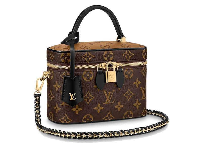 Louis Vuitton Vanity Monogram Reverse PM Brown, sac vanity Louis Vuitton compact en toile Monogram Reverse marron avec poignée supérieure et bandoulière.