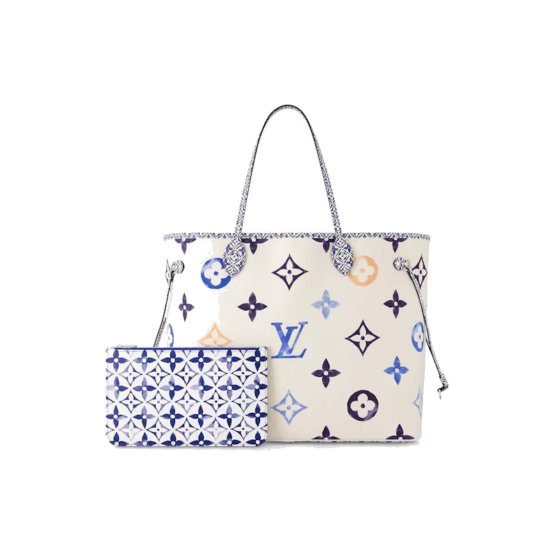 Louis Vuitton Neverfull GM Blue, grand sac cabas Louis Vuitton bleu au format GM avec doubles anses et liens latéraux ajustables.