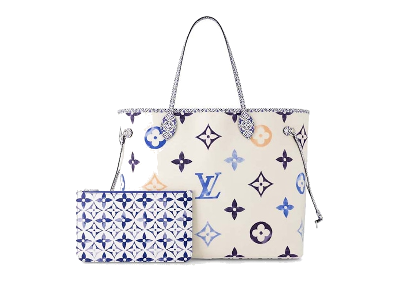 Louis Vuitton Neverfull GM Blue, grand sac cabas Louis Vuitton bleu au format GM avec doubles anses et liens latéraux ajustables.