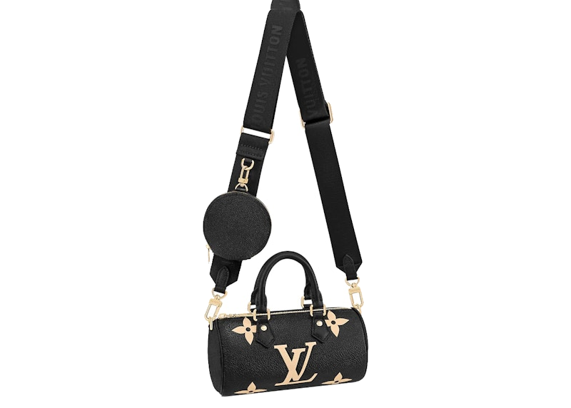 Louis Vuitton Papillon BB Bicolor Monogram Empreinte Black/Beige, sac Louis Vuitton cylindrique en cuir Monogram Empreinte noir et beige au format BB.