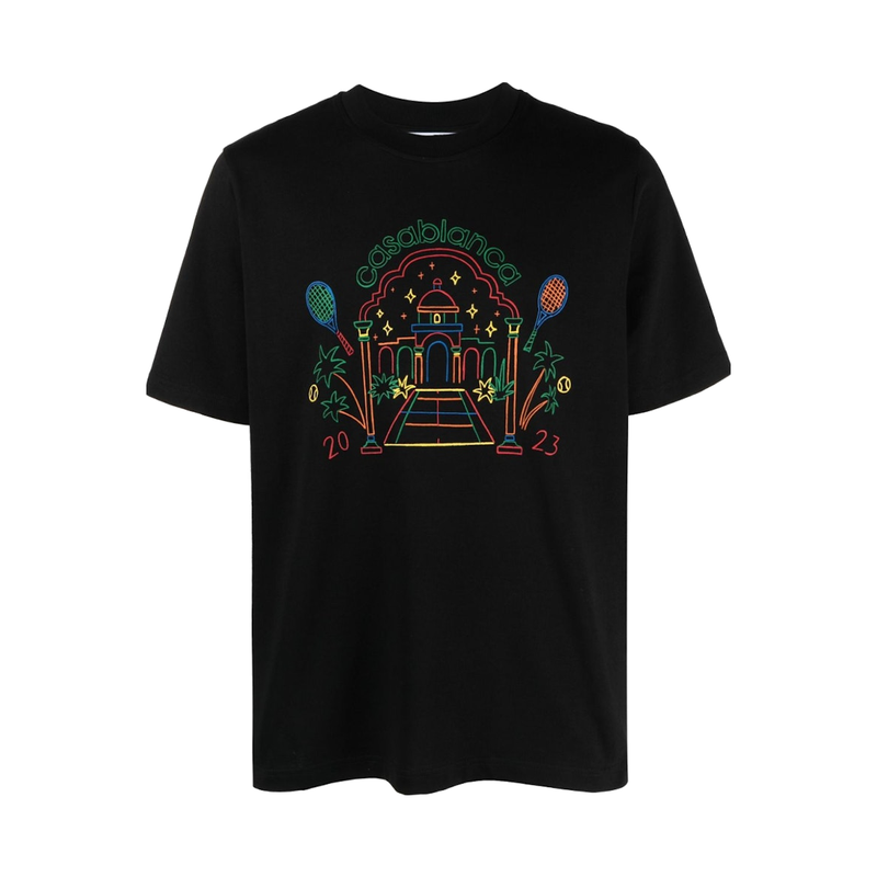 Casablanca Crayon Temple T-Shirt Black, tee-shirt Casablanca noir à manches courtes avec illustration graphique Crayon Temple inspirée de l’architecture.