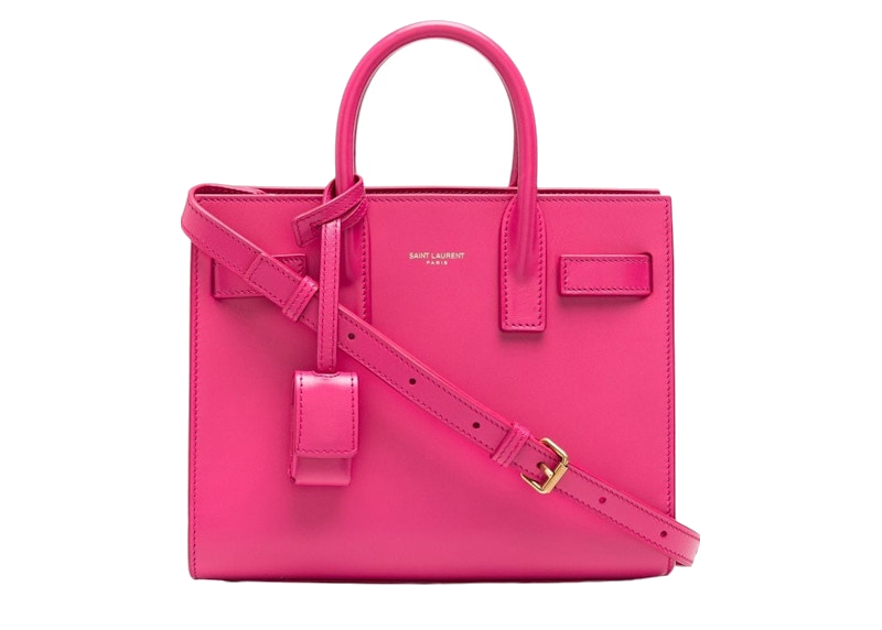Saint Laurent Sac de Jour Tote Bag Nano Fuchsia en cuir fuchsia structuré avec poignées supérieures et détails métalliques dorés.