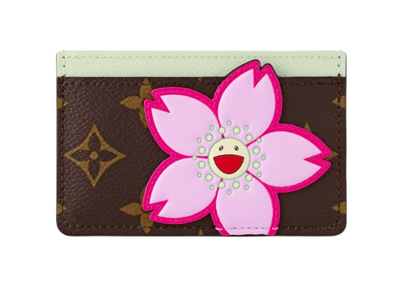 Louis Vuitton x Takashi Murakami Card Holder Sakura Brown, porte-cartes Monogram marron avec fleurs de cerisier multicolores et intérieur vert.