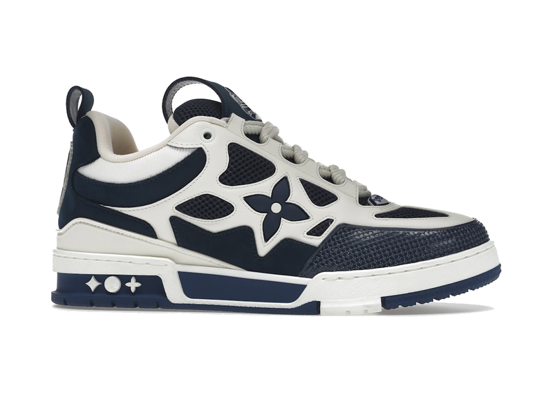 Louis Vuitton LV Skate Sneaker Marine White, sneaker de luxe Louis Vuitton bleu marine et blanche inspirée du skate avec matériaux premium et finitions haut de gamme.