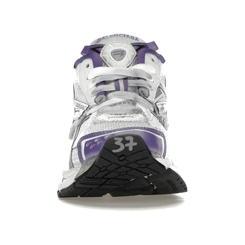 Balenciaga Runner Purple Grey avec tige en mesh respirant, empiècements en cuir violet et gris, semelle intermédiaire en mousse et silhouette inspirée du running vintage