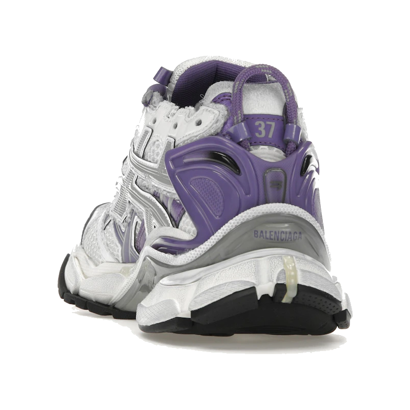 Balenciaga Runner Purple Grey avec tige en mesh respirant, empiècements en cuir violet et gris, semelle intermédiaire en mousse et silhouette inspirée du running vintage