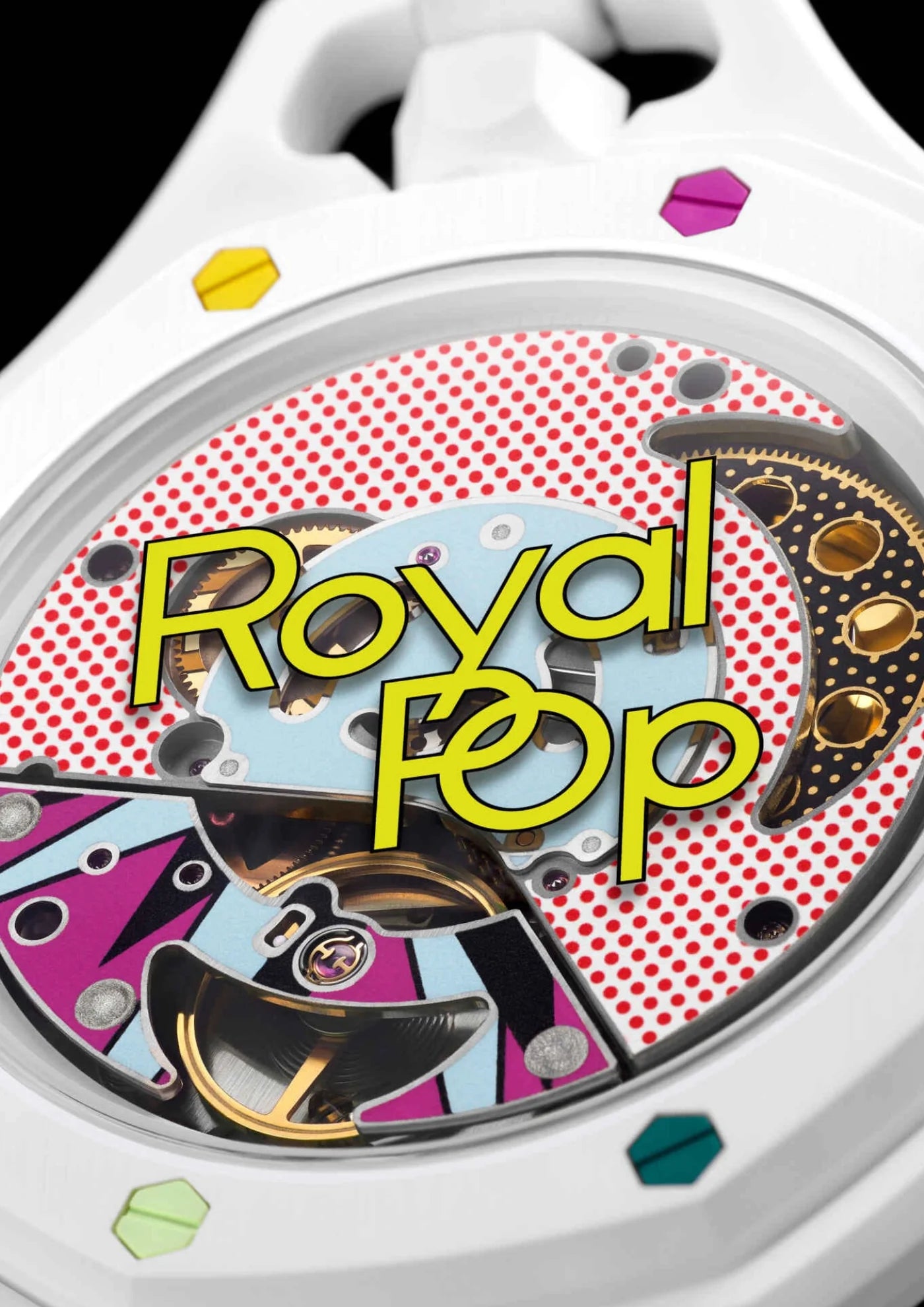 Swatch x Audemars Piguet Royal Pop Huit Blanc SSX03W100N, montre mécanique blanche en Bioceramic avec cadran Petite Tapisserie et lunette octogonale.