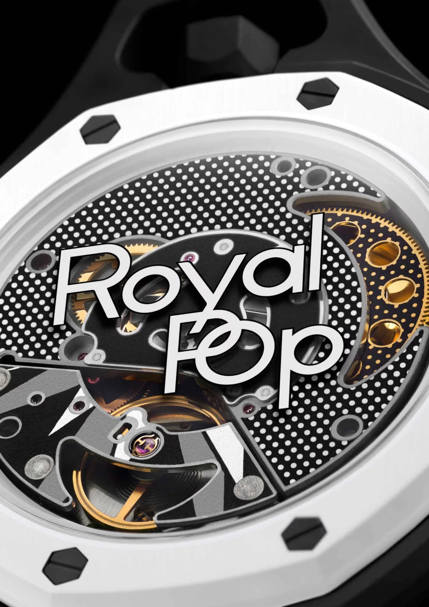 Swatch x Audemars Piguet Royal Pop Ocho Negro SSX03W101N, montre de poche mécanique noire et blanche en Bioceramic avec cadran Tapisserie et lunette octogonale.