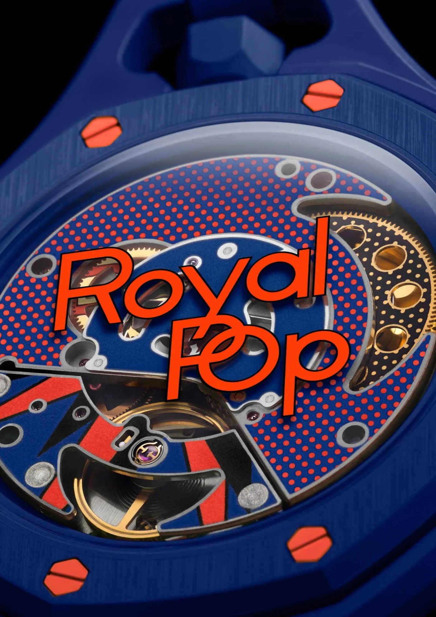 Swatch x Audemars Piguet Royal Pop Orenji Hachi SSX03L103N, montre de poche mécanique bleu marine en Bioceramic avec cadran Petite Tapisserie et détails orange.