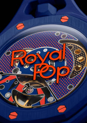 Swatch x Audemars Piguet Royal Pop Orenji Hachi SSX03L103N, montre de poche mécanique bleu marine en Bioceramic avec cadran Petite Tapisserie et détails orange.