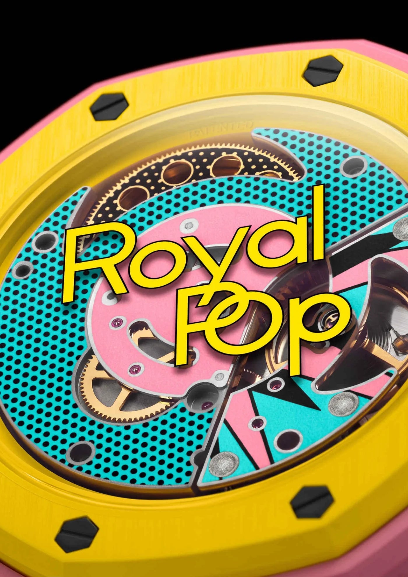 Swatch x Audemars Piguet Royal Pop Savonnette OTG Roz SSX03J100N, montre de poche mécanique en Bioceramic rose avec lunette jaune et cadran bleu-vert Tapisserie.