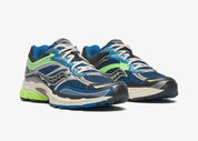 Saucony ProGrid Omni 9 Blue Lime en mesh respirant avec détails bleus et lime, amorti ProGrid vue de 3/4 face. 