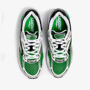 Image de la Saucony ProGrid Omni 9 OG Green Silver, sneaker en mesh blanc et gris avec détails argentés et accents vert fluorescent, semelle ProGrid technique.