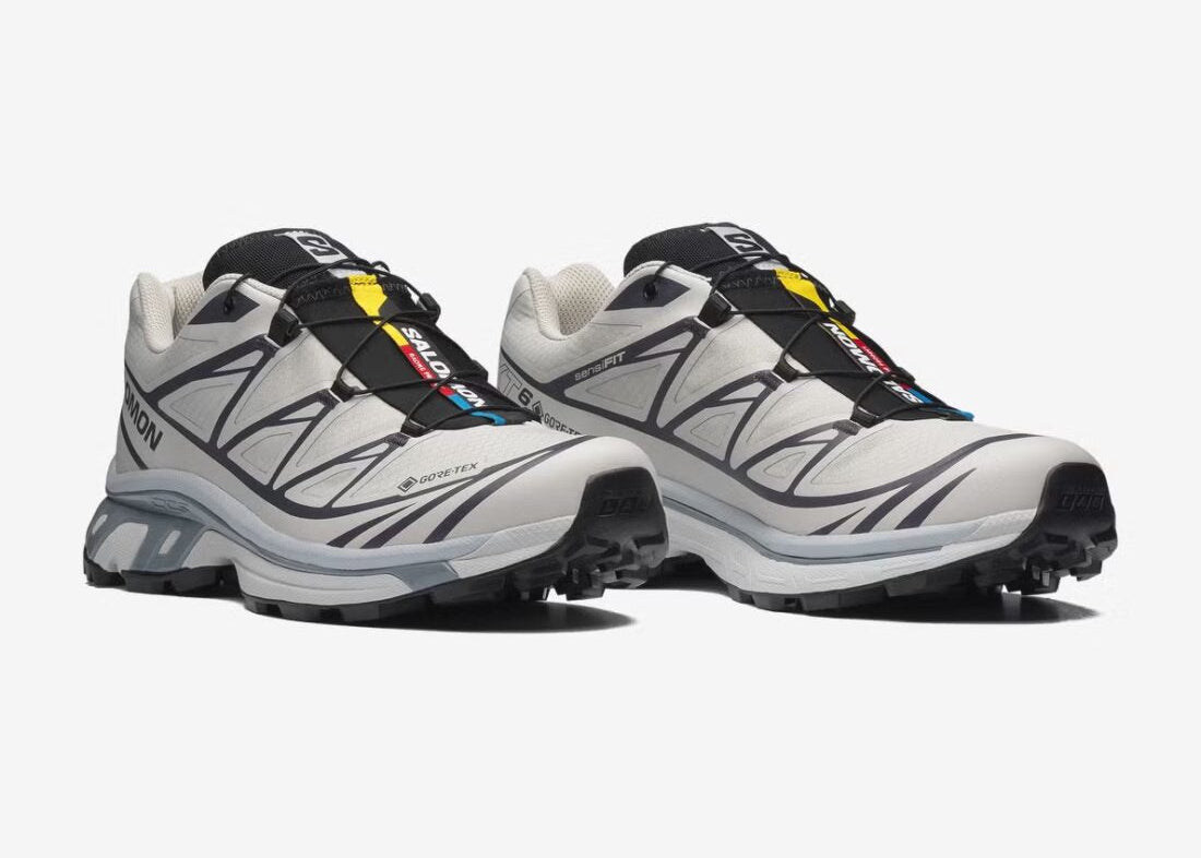 Sneakers Salomon XT-6 Gore-Tex Silver Cloud Black en mesh technique imperméable avec Agile Chassis System et semelle Contagrip premium.