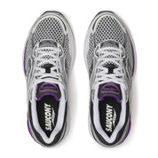 Saucony ProGrid Omni 9 White Black Silver Purple en mesh blanc avec détails argentés, noirs et violets, amorti ProGrid vue de profil. 