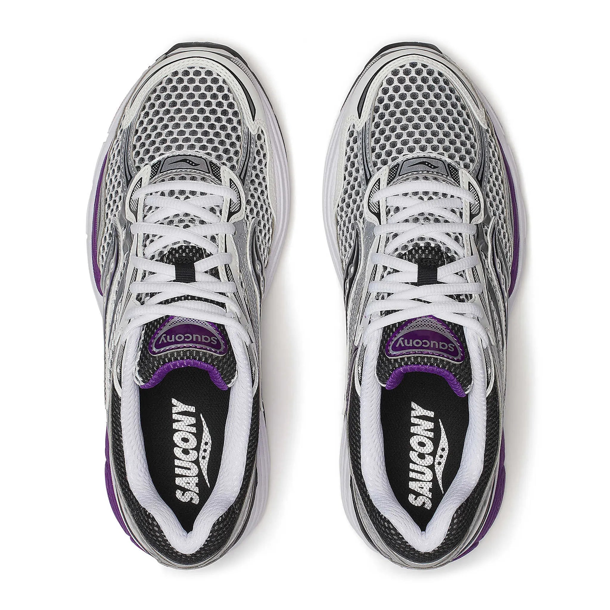 Saucony ProGrid Omni 9 White Black Silver Purple en mesh blanc avec détails argentés, noirs et violets, amorti ProGrid vue de profil. 