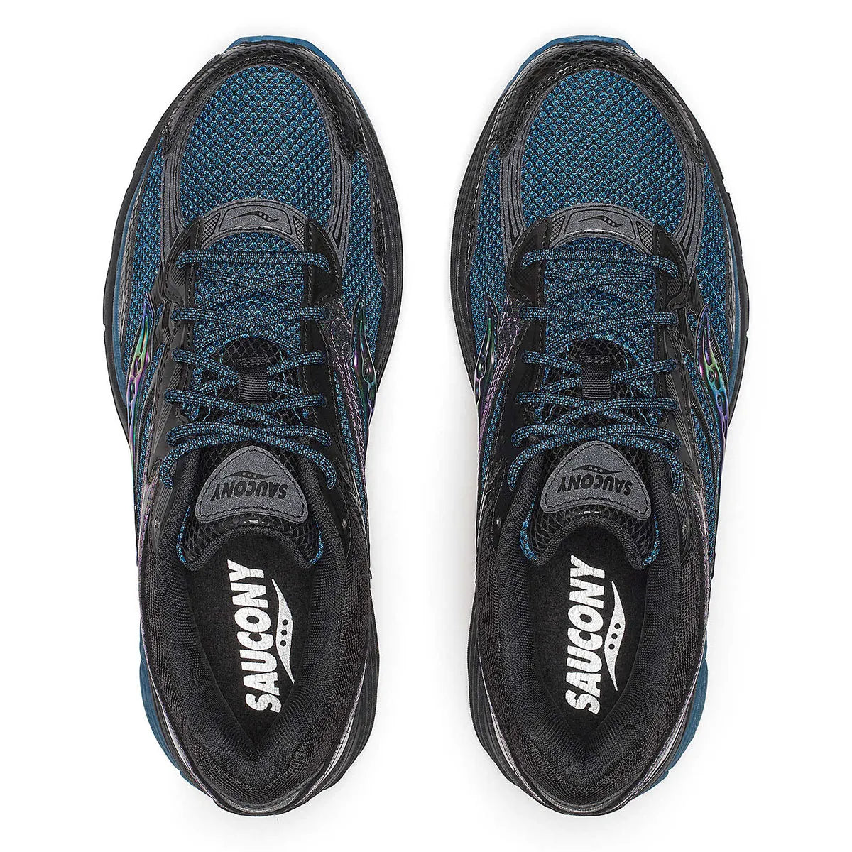 Image de la Saucony ProGrid Omni 9 Glowaconstrictor Black, sneaker noire en mesh avec renforts iridescents style reptile et semelle technique ProGrid.